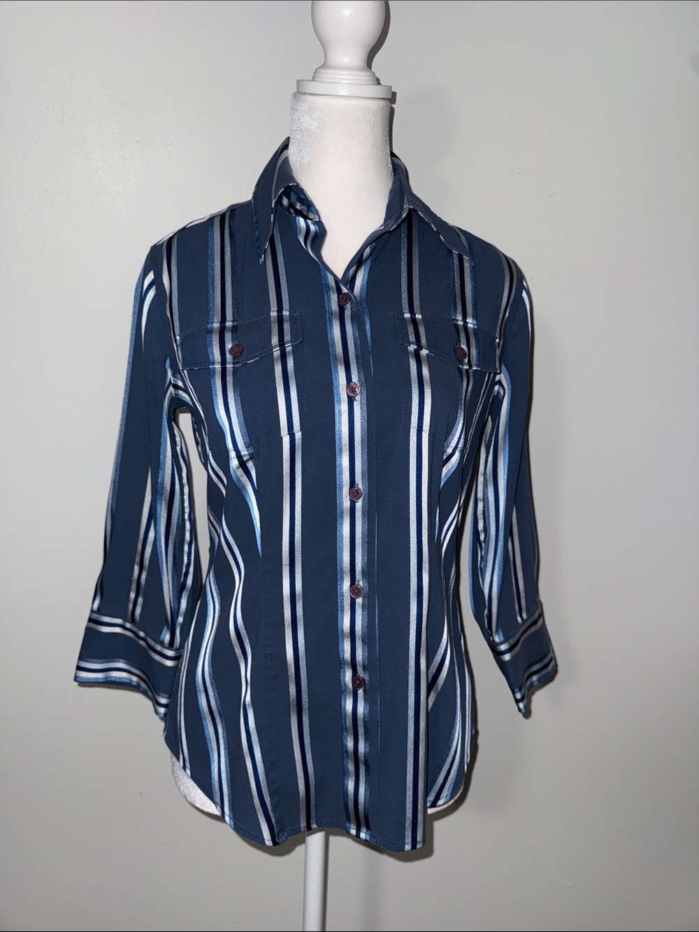 New York & Company Navy Blue Striped Button-Down Blouse